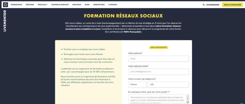 interface formation réseaux sociaux de livementor