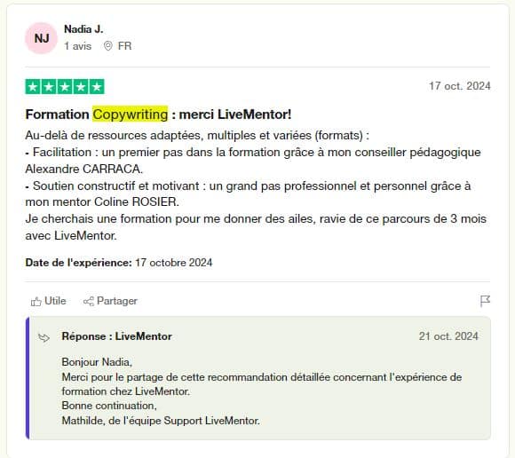 avis 1 trustpilot livementor copywriting