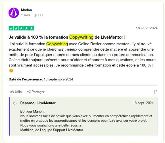 avis 2 trustpilot livementor copywriting