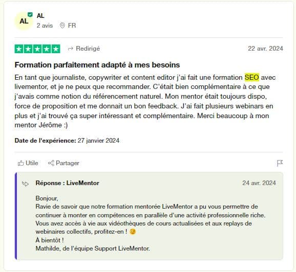 avis 2 trustpilot livementor seo