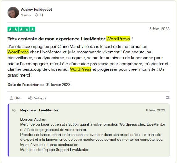 avis 2 trustpilot livementor wordpress