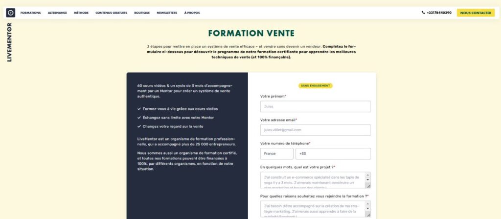 interface formation vente livementor