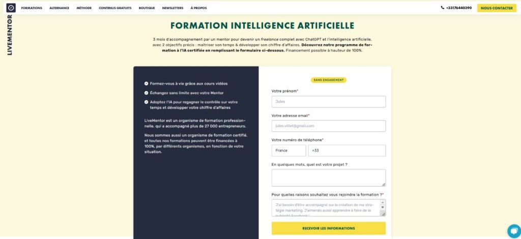 interface formation intelligence artificielle livementor