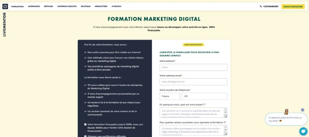 interface formation marketing digital de livementor