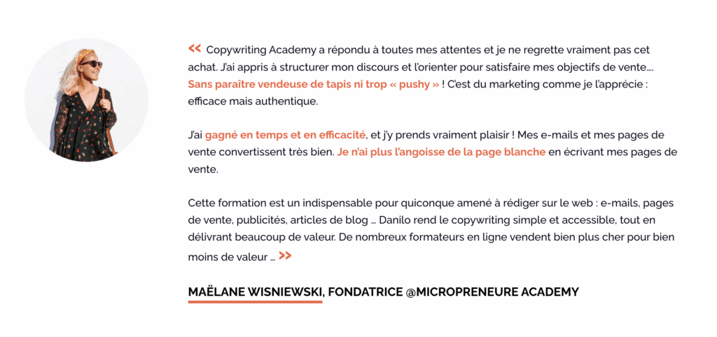 avis client copywriting academy danilo duchesnes