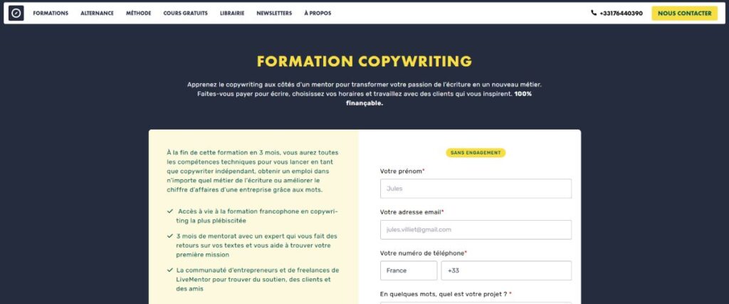 interface formation livementor copywriting