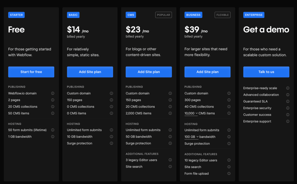 tarifs webflow